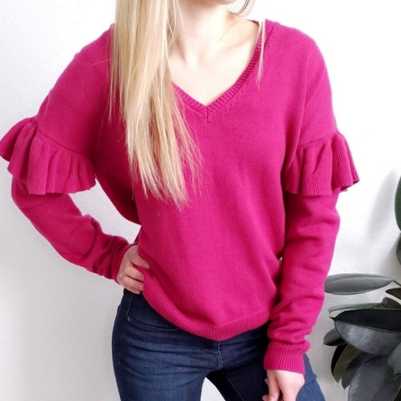 Evereve Sweaters - Jamison Cozy Knit Pink Ruffle Oversized Sweater